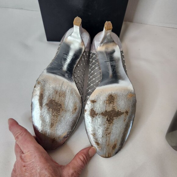 Adrianna Papell Silver Mesh Peep-Toe Heels with Rhinestones Size 8.5 - Picture 8 of 13